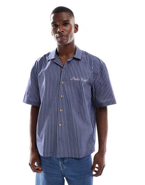 ASOS DESIGN relaxed camp collar striped shirt with chest embroidery in navy - view 1