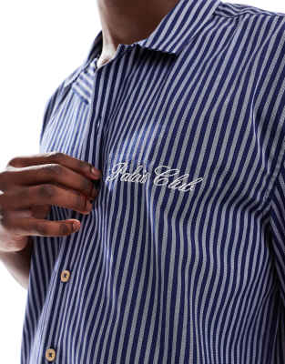 Asos Design Relaxed Camp Collar Striped Shirt With Chest Embroidery In Blue