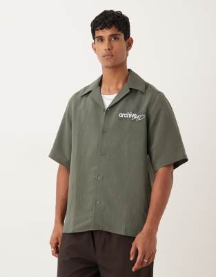 Asos Design Relaxed Camp Collar Striped Shirt With Embroidery In Green