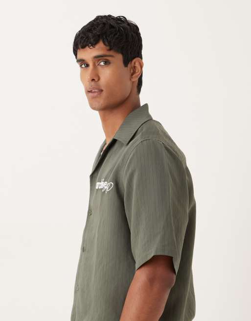 ASOS DESIGN relaxed camp collar striped shirt with embroidery in green, 5 of 5
