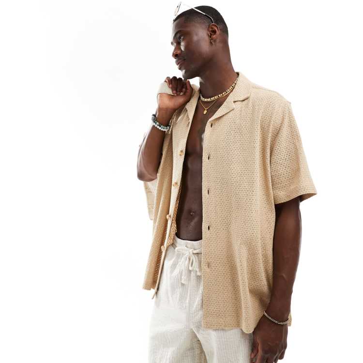 ★★ ★★ Men's Beige Camp Collar Textured Short apas-yaka-orme-dokulu-erkek-