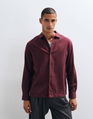 maroon dress shirt grey pants ASOS DESIGN relaxed camp collar textured in burgundy Peony Pink