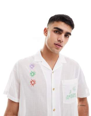 Asos Design Relaxed Camp Collar Textured Shirt With Embroidery-white