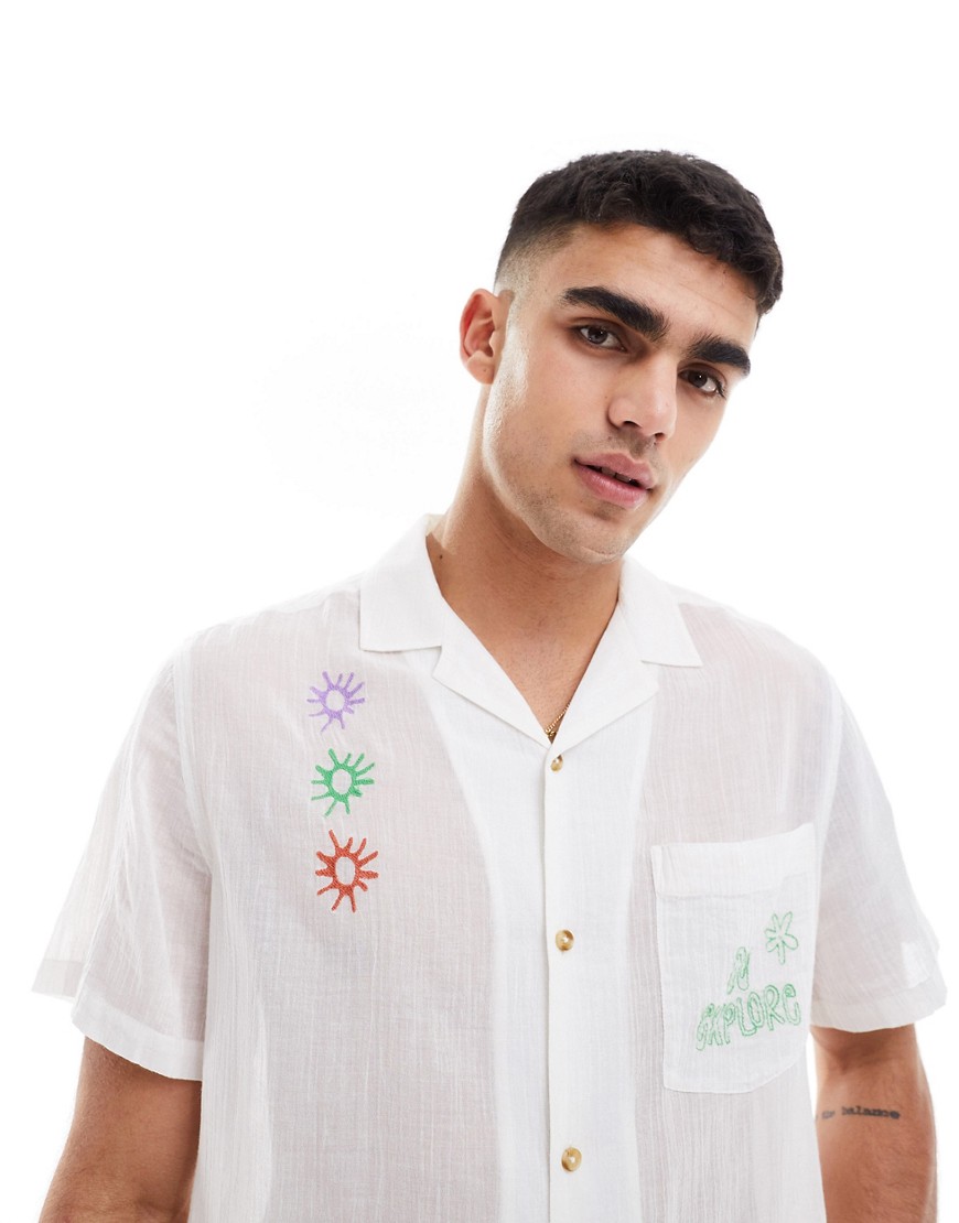 Asos Design Relaxed Camp Collar Textured Shirt With Embroidery-white