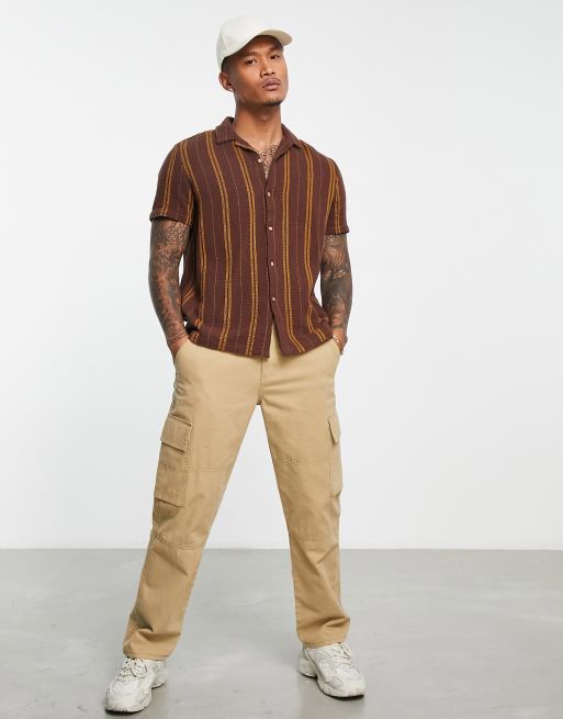 New Look Textured Camp Collar Shirt in tan-Brown