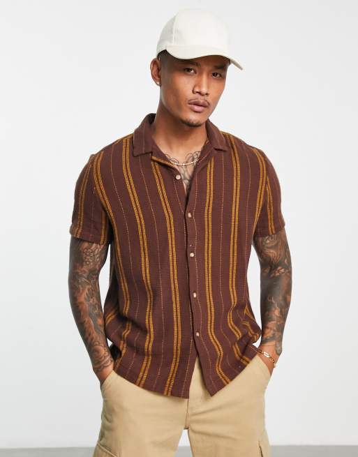 New Look Textured Camp Collar Shirt in tan-Brown