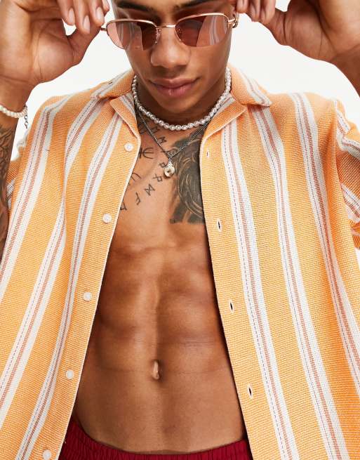 ASOS DESIGN relaxed camp collar textured stripe shirt in orange, 2 of 4