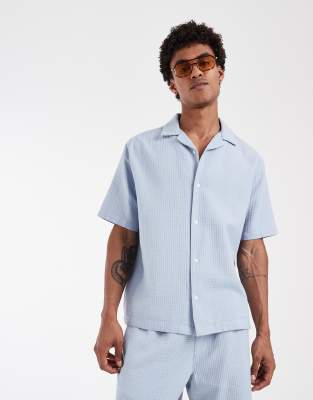 Asos Design Relaxed Camp Collar Waffle Shirt In Blue