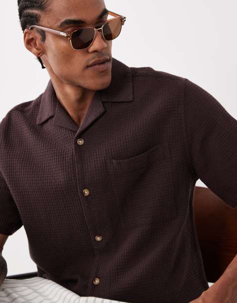 ASOS DESIGN relaxed camp collar waffle textured shirt in brown - view 1