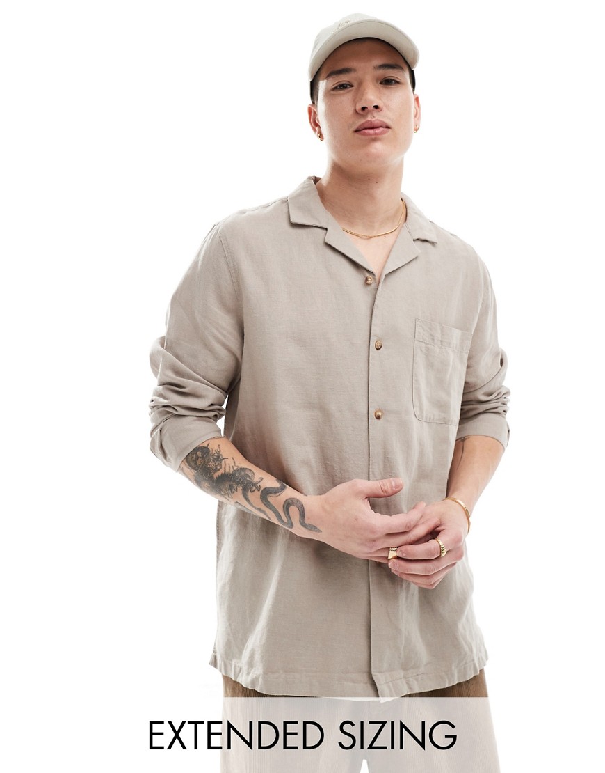 Asos Design Relaxed Camp Shirt In Linen Mix With Patched Pocket In Stone-neutral