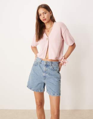 ASOS DESIGN relaxed cardigan with floral gold button in pink - view 1