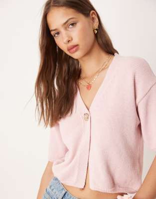 Asos Design Relaxed Cardigan With Floral Gold Button In Pink