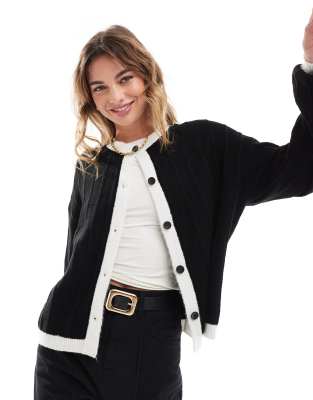 ASOS DESIGN relaxed cardigan with puff sleeve in black with ivory contrast