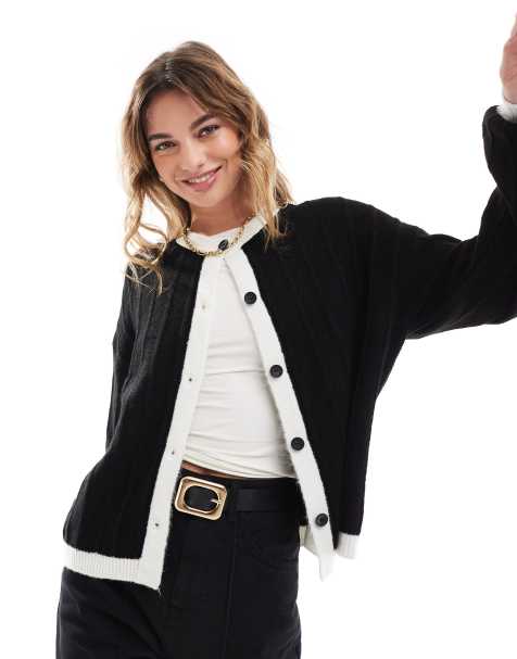 ASOS DESIGN relaxed cardigan with puff sleeve in black with ivory contrast - view 1