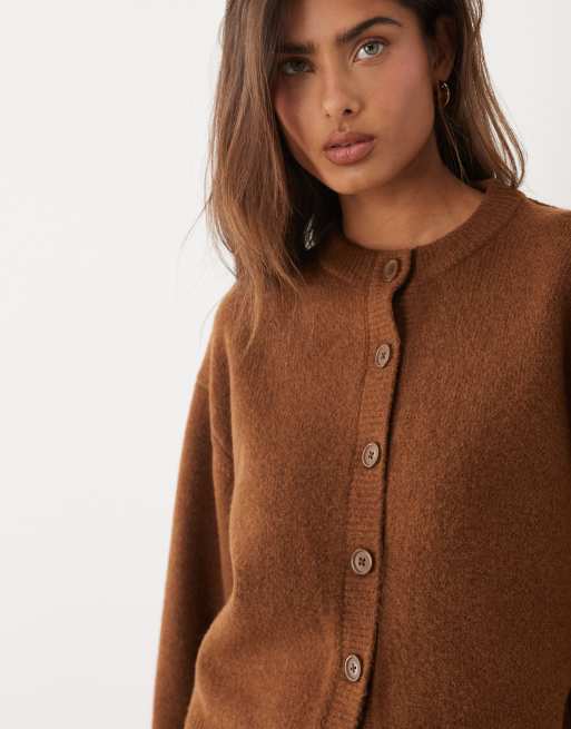 ASOS DESIGN relaxed cardigan with side split detail in brown, 3 of 4
