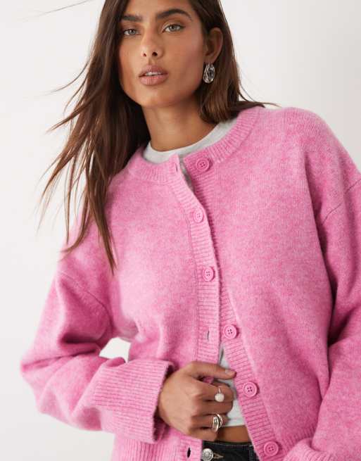ASOS DESIGN relaxed cardigan with side split detail in pink, 2 of 4