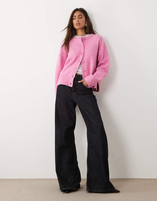 ASOS DESIGN relaxed cardigan with side split detail in pink, 3 of 4
