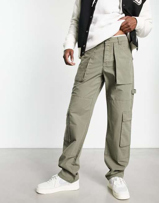 Sage Green Contrast Stitch Cargo Pants for Men