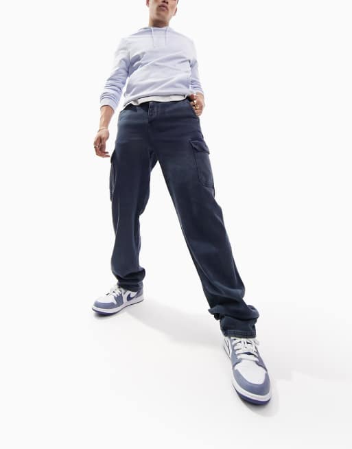 ASOS DESIGN relaxed cargo pants with acid wash in navy 