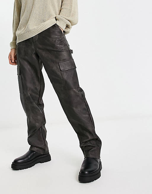ASOS DESIGN relaxed cargo trousers in washed leather look | ASOS