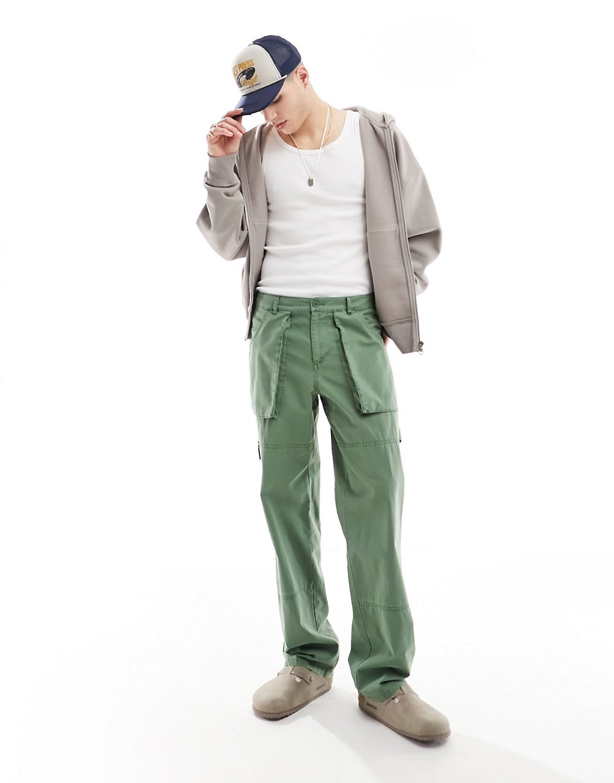 ASOS DESIGN relaxed carpenter trousers in khaki ripstop-Green