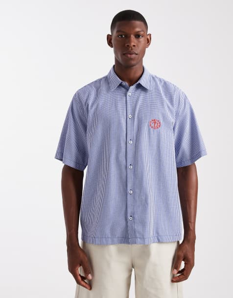 ASOS DESIGN relaxed check shirt with chest embroidery in blue - view 1