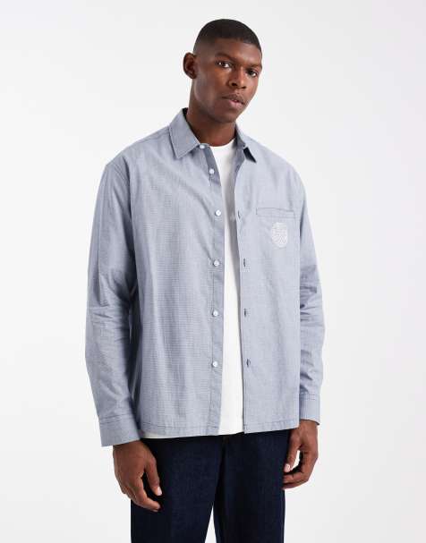 ASOS DESIGN relaxed check shirt with chest embroidery in blue