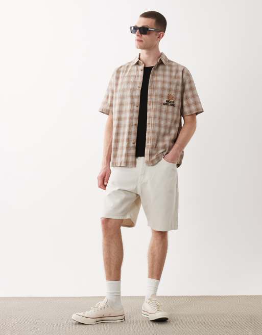 ASOS DESIGN relaxed check shirt with chest embroidery in brown, 2 of 5