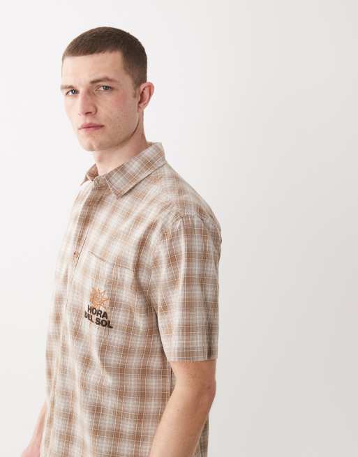 ASOS DESIGN relaxed check shirt with chest embroidery in brown, 4 of 5