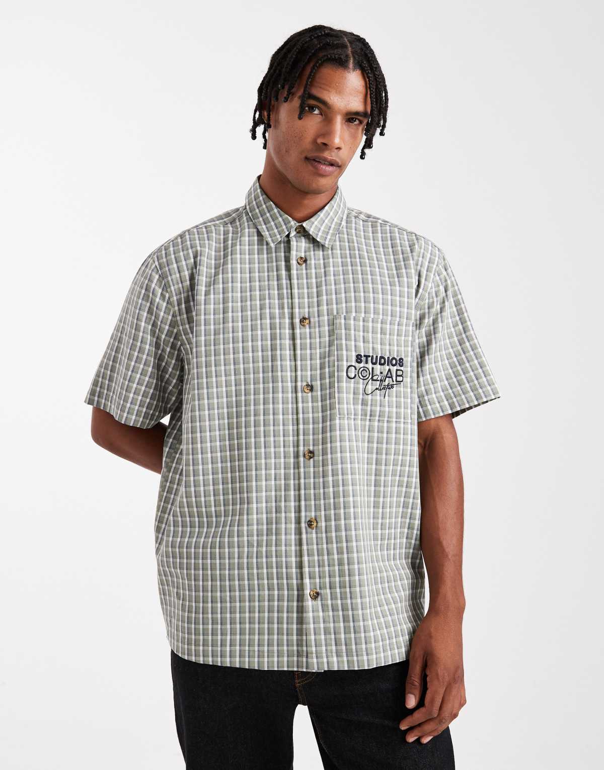 ASOS DESIGN relaxed checked shirt with chest embroidery in green