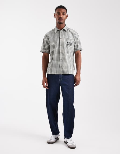ASOS DESIGN relaxed checked shirt with chest embroidery in green, 2 of 5