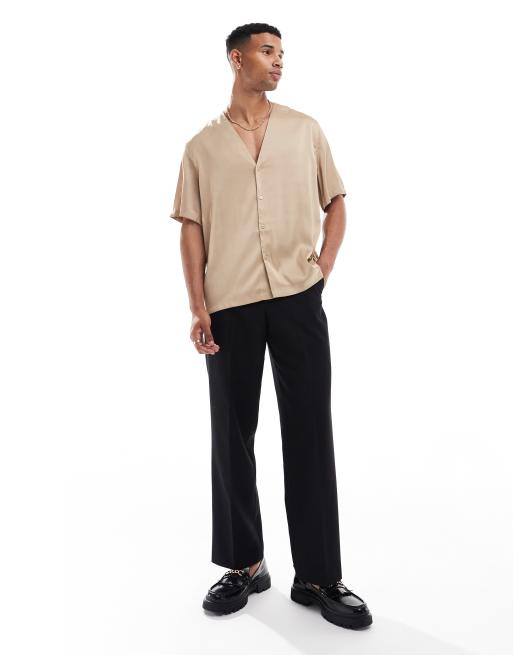ASOS Design Relaxed Collarless Shirt in Stone satin Neutral