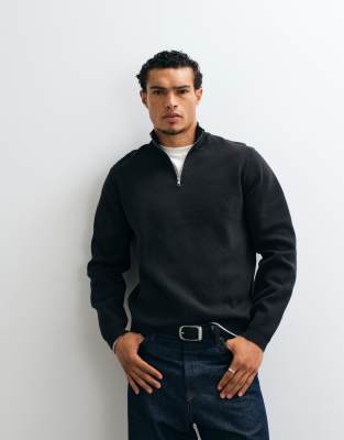 Asos Design Relaxed Compact Knit Half Zip In Black