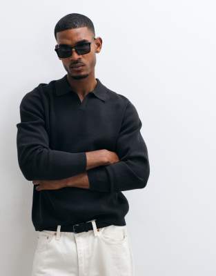 Asos Design Relaxed Compact Knit Notch Neck Polo Shirt In Blue