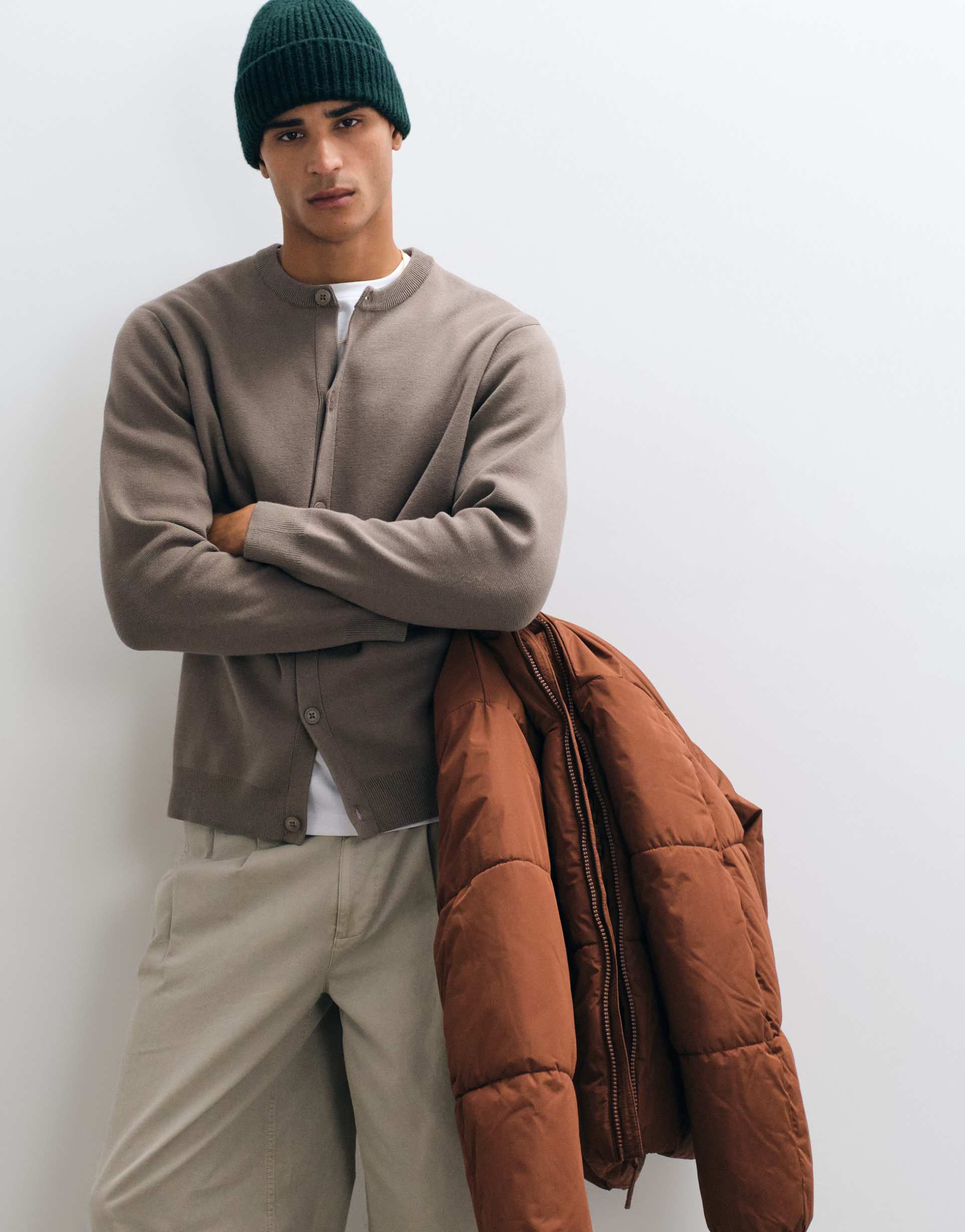 ASOS DESIGN relaxed compact knitted cardigan in taupe