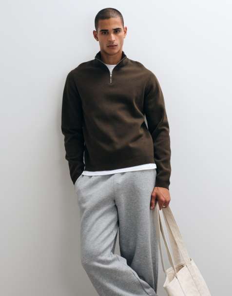 ASOS DESIGN relaxed compact knitted half zip in brown - view 1
