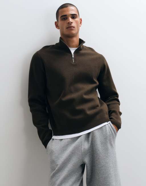 ASOS DESIGN relaxed compact knitted half zip in brown, 4 of 5