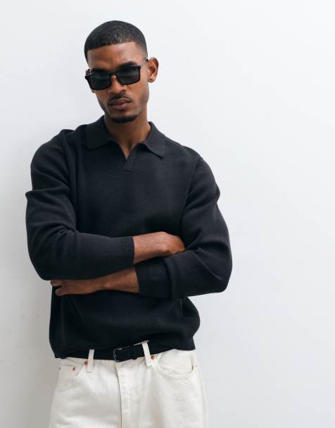 ASOS DESIGN relaxed compact knitted notch neck in black - view 1