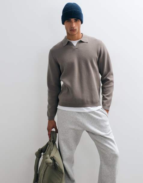 ASOS DESIGN relaxed compact knitted notch neck in taupe - view 1