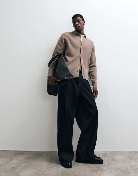 ASOS DESIGN relaxed compact knitted overshirt in taupe - view 1