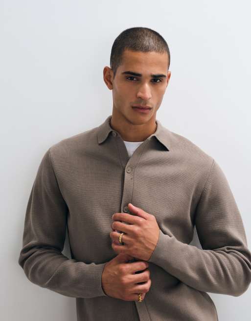 ASOS DESIGN relaxed compact knitted overshirt in taupe, 5 of 5