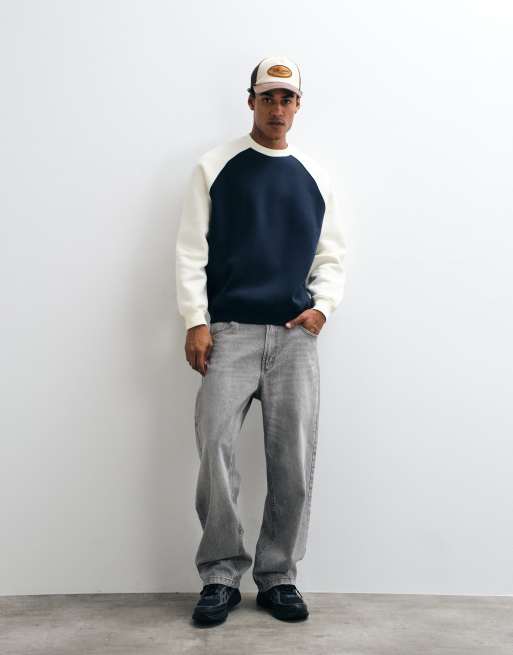ASOS DESIGN relaxed contrast raglan crew in cream, 2 of 5