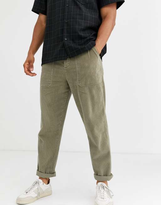 ASOS DESIGN relaxed cord trousers with utility pockets in washed khaki