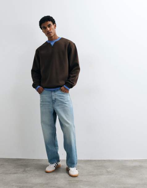 ASOS DESIGN relaxed crew neck sweater with contrast collar and seams in brown - view 1