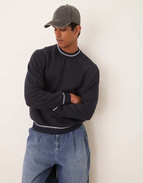 ASOS DESIGN relaxed crew sweat with tipping detail in navy blue - view 1