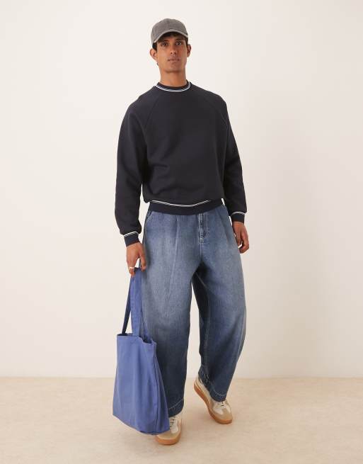 ASOS DESIGN relaxed crew sweatshirt with tipping detail in navy blue, 2 of 4