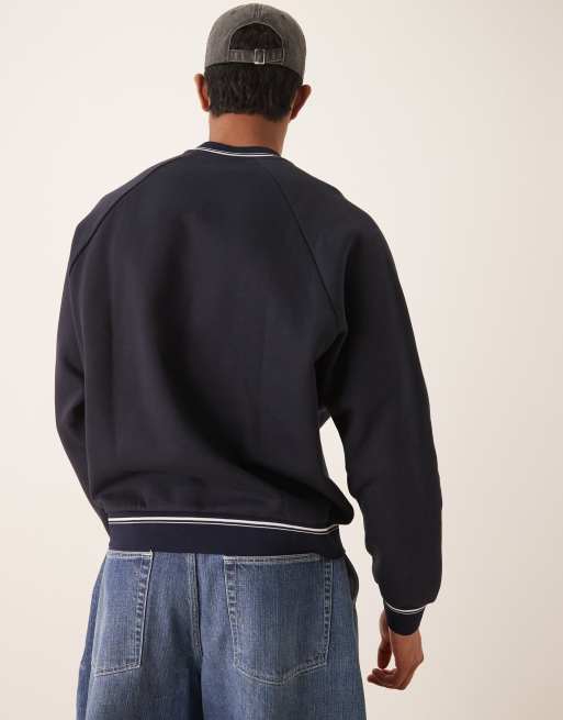 ASOS DESIGN relaxed crew sweatshirt with tipping detail in navy blue, 3 of 4