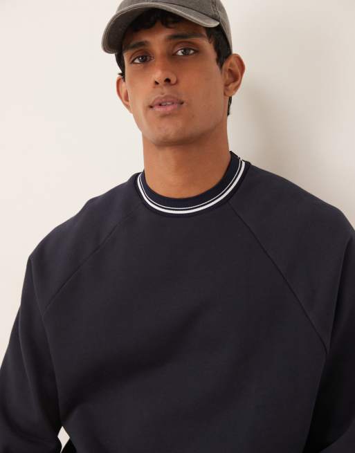 ASOS DESIGN relaxed crew sweatshirt with tipping detail in navy blue, 4 of 4