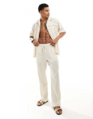 Asos Design Relaxed Seersucker Beach Pants With Elasticated Waist In Stone - Part Of A Set-neutral In Neutral