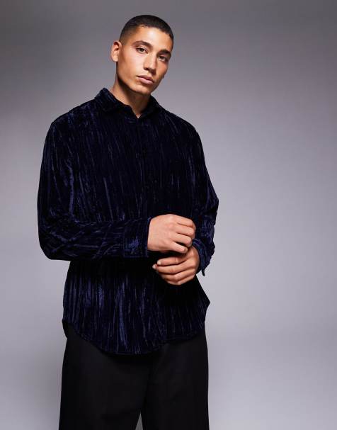 ASOS DESIGN relaxed crinkle velvet shirt in navy